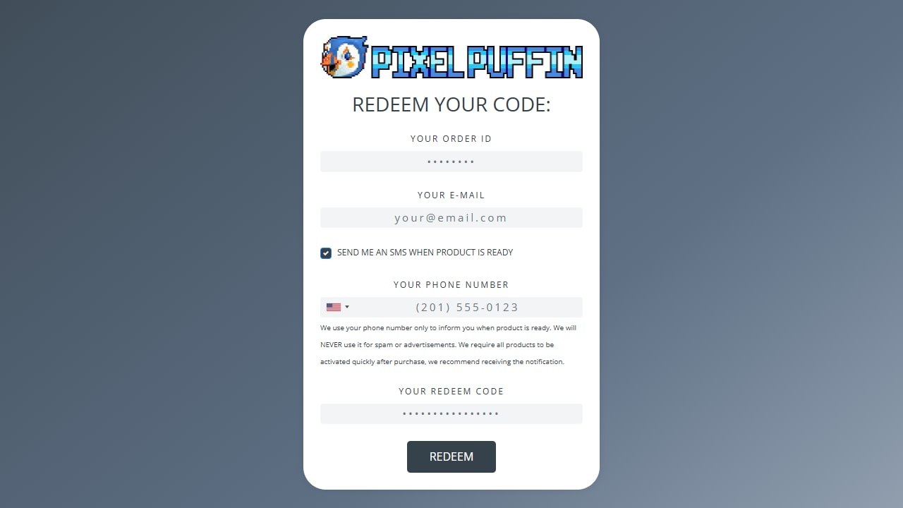 Pixelpuffin-Einlöseformular mit Bestellnummer, E-Mail und Code