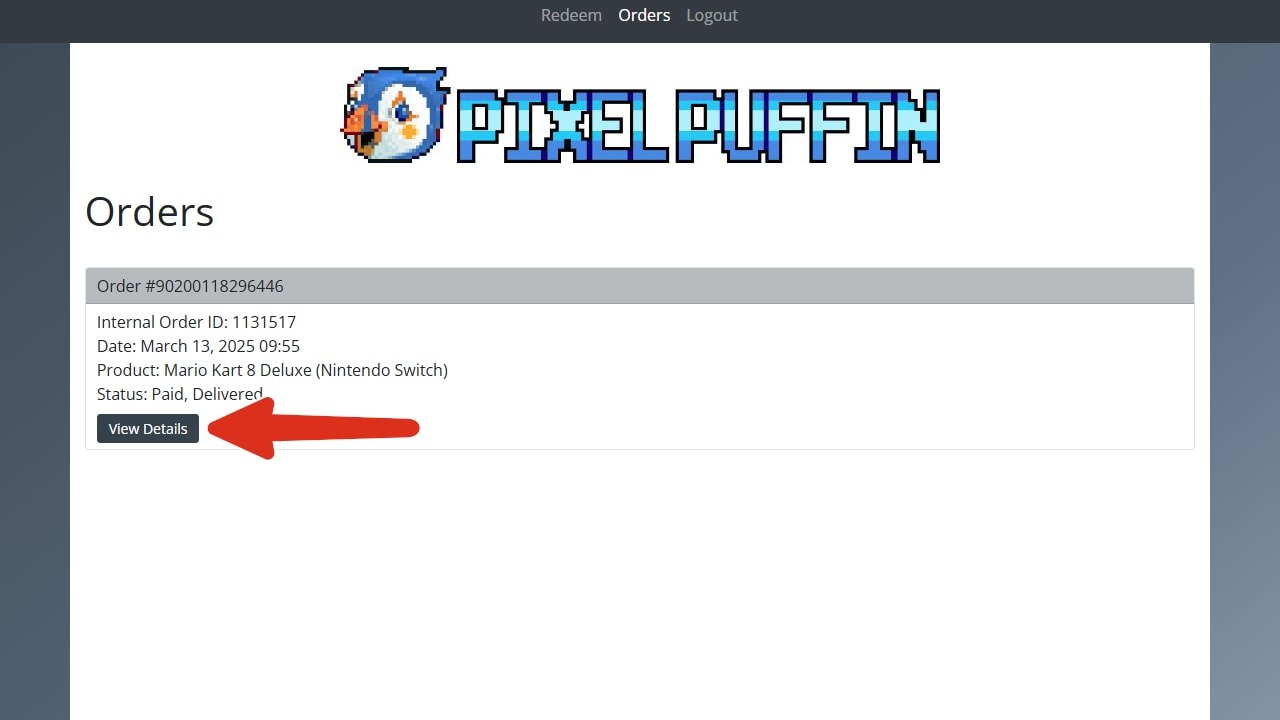 Bestellübersicht mit dem View-Details-Button