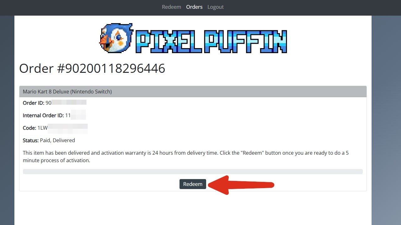 Bestelldetails mit dem Redeem-Button