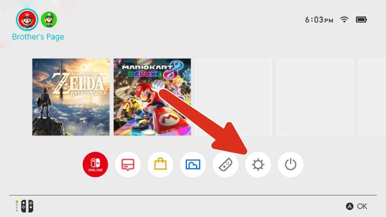 Nintendo Switch Hauptmenü mit markiertem Einstellungen-Symbol