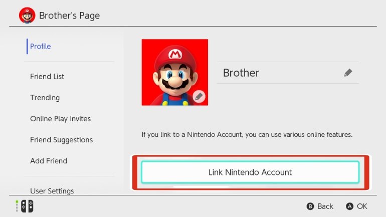 Switch-Profilseite mit markiertem Button zum Verknüpfen des Nintendo-Accounts