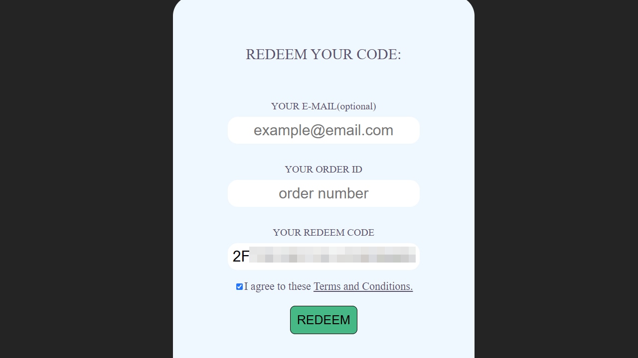 Junao-Formular mit Bestellnummer und Einlösecode