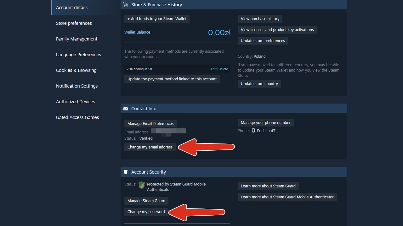 Steam-Kontoeinstellungen mit markierter Änderung von E-Mail und Passwort