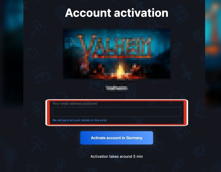 Steam-Kontoaktivierungsseite mit optionalem E-Mail-Feld