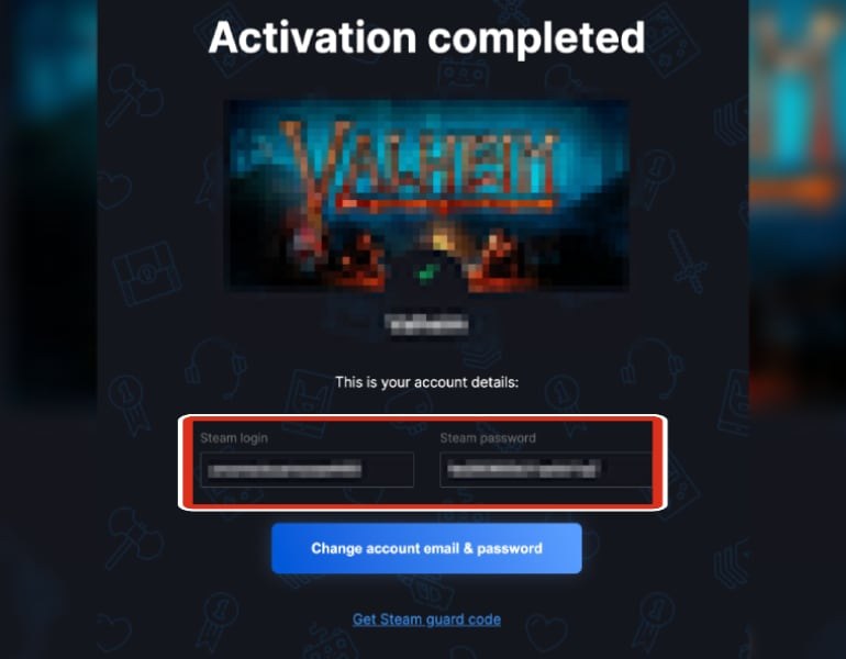 Bildschirm Aktivierung abgeschlossen mit Steam-Login und Passwort